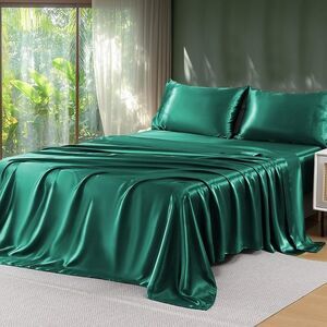 Emerald Green Satin Sheets Queen 4-Piece Set – Soft Silky Bed Sheets & Pillowcas